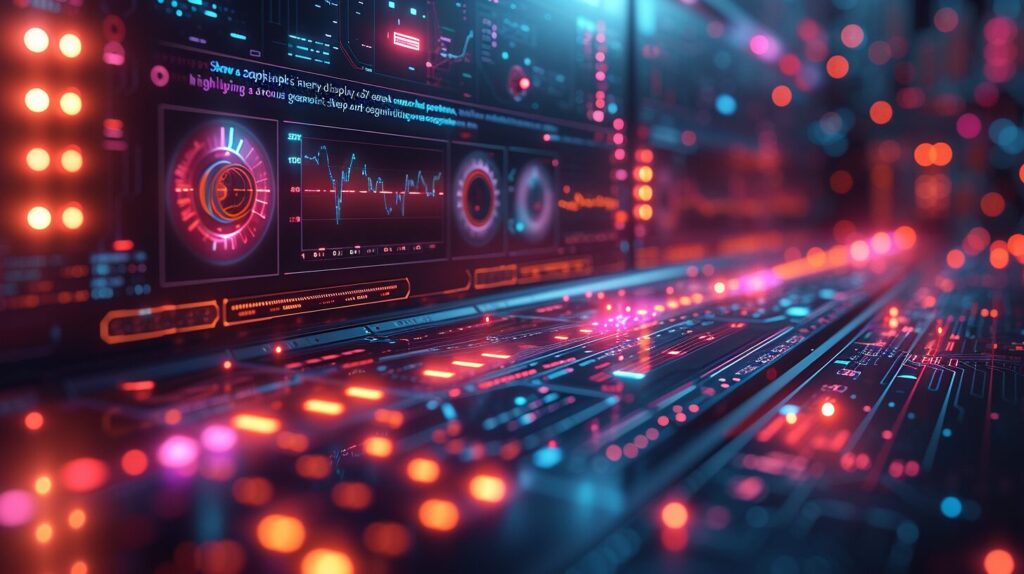 3D holographic interface with complex stock market patterns.