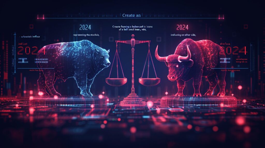 Webull Day Trade Limit featuring a Balanced scale with bull and bear icons, 2024 digital stock market interface.
