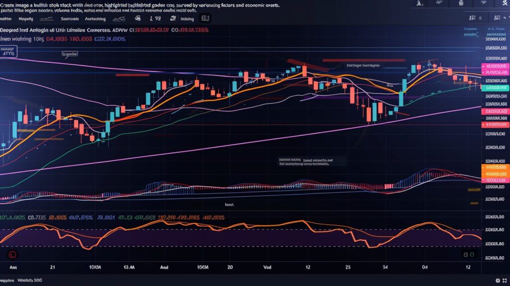 Bullish stock chart, highlighted golden cross, market trends, volume indicators, economic events.